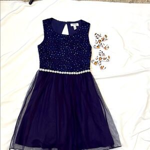 Elegant Navy Blue Kids Dress Rhinestones Around the Waist